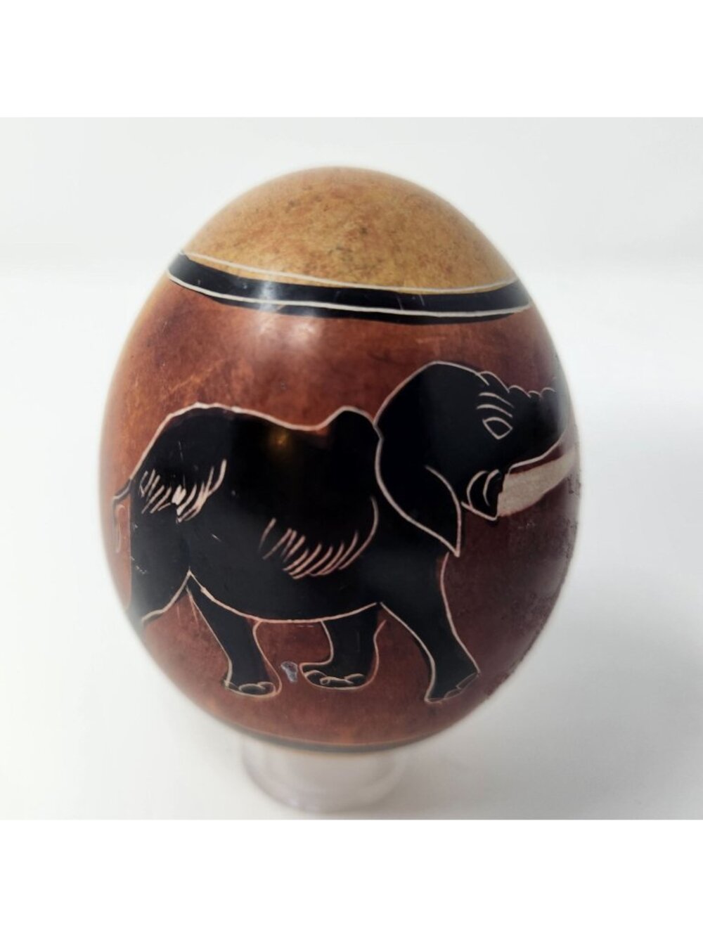 Vintage Besmo Kenya Carved Stone Egg with African Elephant and Rhinoceros Rhino